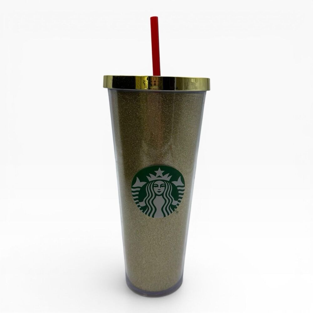 Starbucks 24 OZ Acrylic Gold Glitter Siren Cold Cup Tumbler Green Straw 2014 New